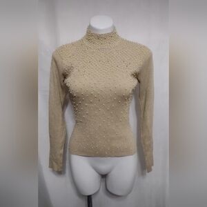 Vintage Christine Phillipe Faux Pearl Metallic Gold Knit Top Medium Sparkle Chic
